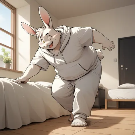   humanoid rabbit  ，male，White short sleeve，       sweatpants    ，    barefoot，    white fur，male，   gained weight   ，thick、Fat、    hoodie、big、Tail、       full body shot    ，    dynamic pose ，In the bedroom，    lies in bed ，     raise your legs ，Bad Smile，...