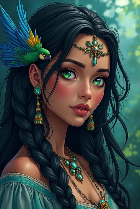 Create the following image:  an indigenous woman, high , She has brown skin,  black hair braided with blue macaw feathers, And your eyes are green as emerald
Anime style
