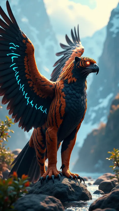 An awe-inspiring hybrid of a Bengal tiger and a bald eagle stands powerfully in a cinematic natural environment with a touch of surreal brilliance. (Appearance: a muscular tiger-like body with dark orange and black striped fur blending seamlessly into glos...