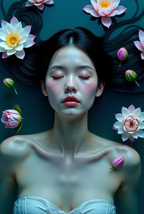 A dramatic, high-art concept showing the woman partially submerged in a pool of water, surrounded by floating flowers such as lotus blossoms and rose petals. Her skin glows with a dewy finish, and her long black hair fans out across the water, intertwined ...