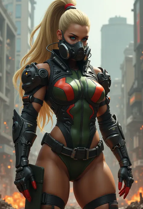 Here’s a detailed fusion prompt for Cammy, Kabal, and Jax Briggs, blending their unique characteristics into a single powerful warrior:

**"A formidable fusion of Cammy from Street Fighter, Kabal from Mortal Kombat, and Jax Briggs from Mortal Kombat, combi...