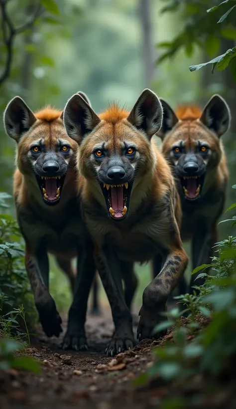 Three large, muscular hyenas emerge from the dense foliage, their fur dirty and matted, with scars on their faces.
Their yellow eyes gleam in the dim jungle light, and their sharp teeth glisten with saliva as they snarl.
