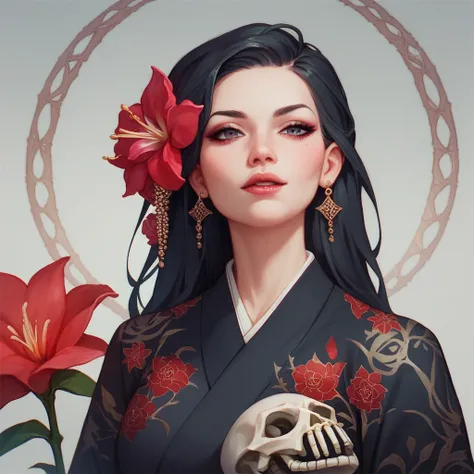 Black Haired Woman with Skeleton 　 Flower Pattern Black Kimono　Red spider lily　Alluring