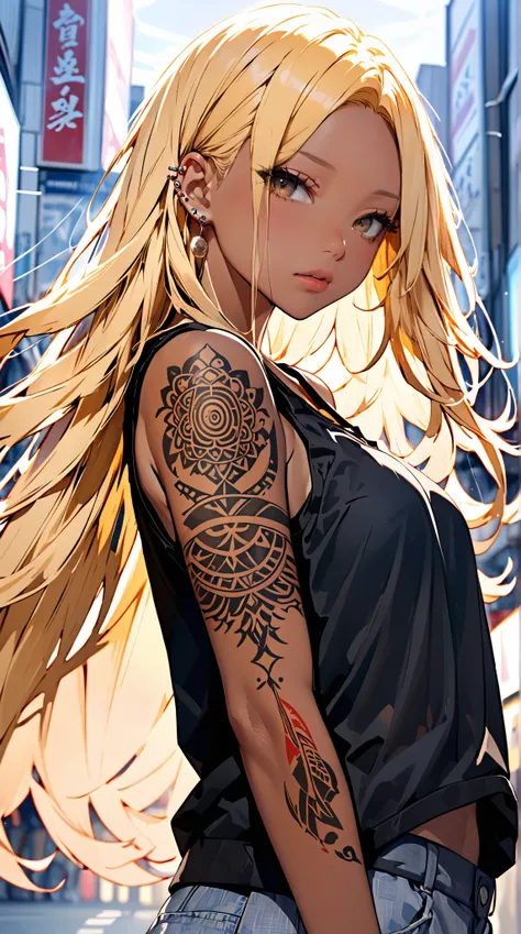 1人の girl, solo,  high resolution,  long hair,  brown skin,Full body tattoo,全身SutrasのようなTattoo, close-up,  blonde, Super long hair,  black plain tank top ,Many Tattoos, 1 girl, solo,  tattoo, punk,  looking at the viewer ,  shirt,  jewelry, multicolored hai...