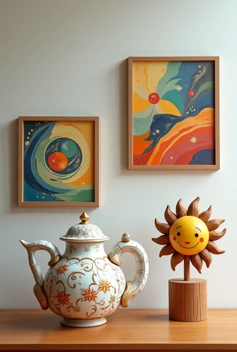 make me an artwork picture

description;
• a teapot with intricate floral patterns
• an abstract painting with swirlling shapes
• a wooden sculpture of a smilling sun