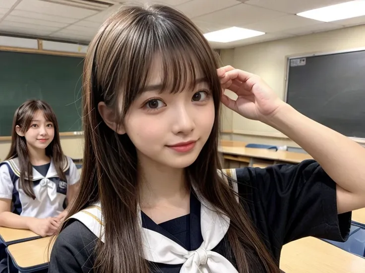  Japanese woman like an idol , long hair , straight hair, Round face , bust up ,  sailor suit from a lower level store ,  as shown in the picture ,   high school, in school、classroom、Cute pose、Cutesy