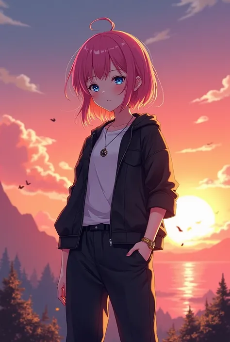  Main Characters :  
- ** Appearance :** Seorang yang berusia 18-21 dengan rambut pendek berwarna gradien jingga-pink ( like the color of a sunset ).  Big eyes in blue with star sparkles .  
- **Clothes:**  Black open jacket and plain white shirt ,  loose ...