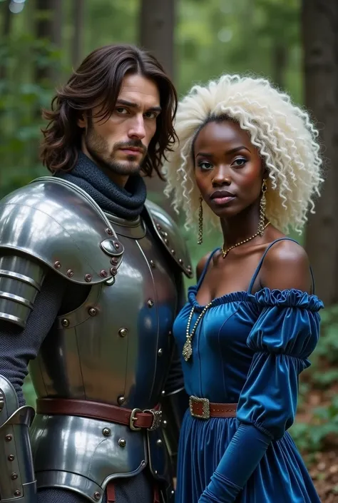 An image of a strong white man with shoulder-length hair in dark brown color and brown eyes in a suit next to a blue-eyed and curly haired black woman in a blue velvet dress next to a forest. 