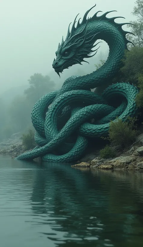 The hydra is not a monster, but a survivor. A serene yet powerful image of the creature resting by a lake, its heads weaving together in unity. The water reflects its many faces, hinting at its complexity. The scene is peaceful yet filled with tension. Pho...