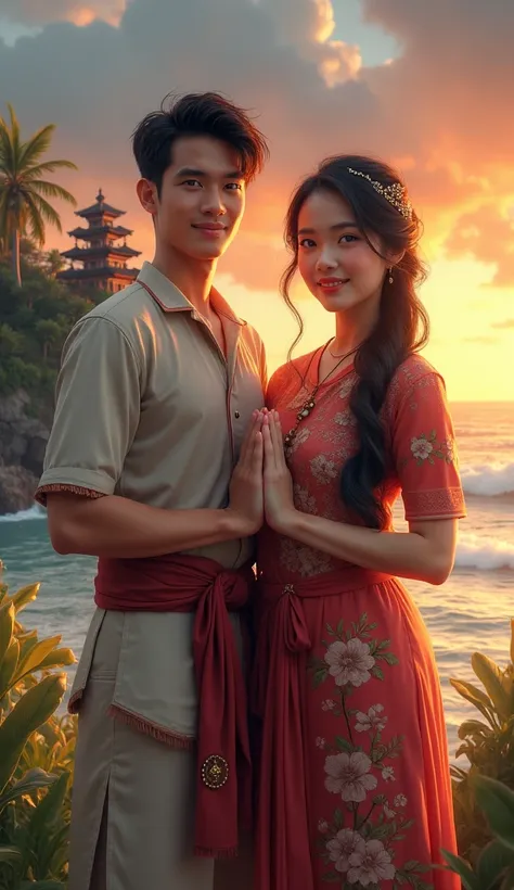 CGI Manga Concept: "Bali Cultural Harmony at Tanah Lot" (Text-Free Visual Description)

In a stunning CGI manga-style scene, a handsome young man and a beautiful young woman stand side by side, both facing forward with warm, genuine smiles that radiate fri...