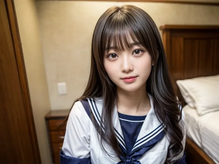  Japanese woman like an idol , long hair , straight hair, Round face , bust up ,  sailor suit from a lower level store ,  as shown in the picture ,   high school, bed、bedroom、Lift the hem of the uniform 、 is bashful、 Embarrassing Expression