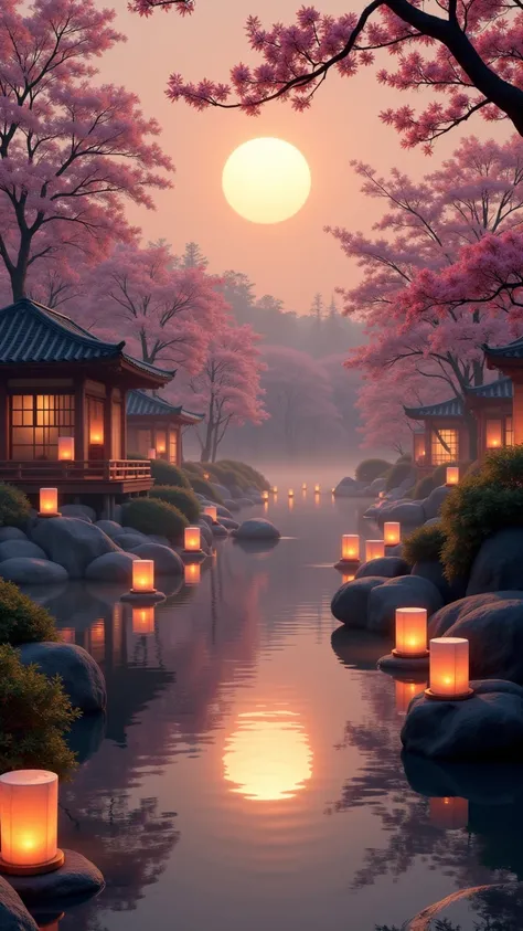 Imagine a breathtaking zen festival set in a misty Japanese garden, floating lanterns illuminating the surroundings, a tranquil koi pond reflecting the warm golden sunset, cherry blossom trees gently swaying in the breeze, a peaceful and mystical atmospher...