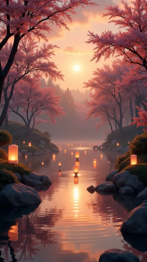 Imagine a breathtaking zen festival set in a misty Japanese garden, floating lanterns illuminating the surroundings, a tranquil koi pond reflecting the warm golden sunset, cherry blossom trees gently swaying in the breeze, a peaceful and mystical atmospher...