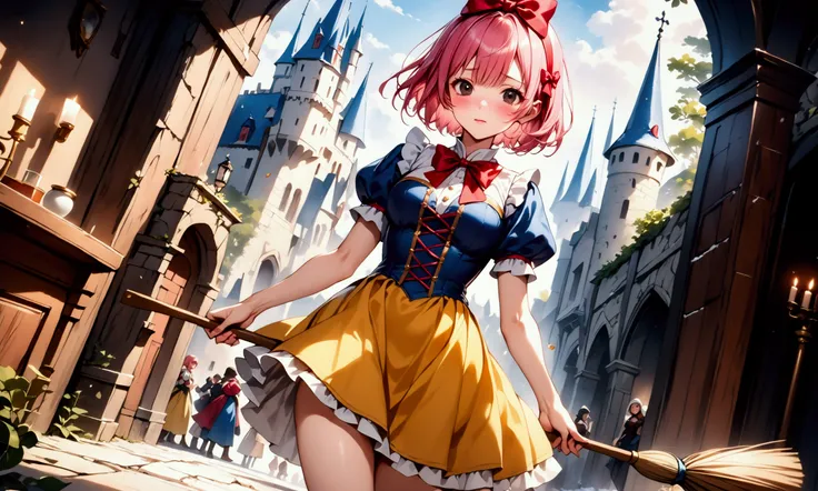 (((Picture book illustrations))), Fantasy World, (Medieval European), (Characters are on the edge), ((spring)), ((snow white cosplay, snow white (disney) (cosplay), cosplay, dress, hair bow, puff and slash sleeves, puffy short sleeves, puffy sleeves, red b...