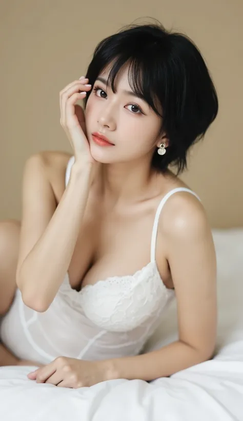 Japanese Woman (ethnicity: Asian, age:1.2), short black hair, (detailed makeup:1.3), wearing a white (detailed lace:1.2) one-piece bodysuit, (accessories: earrings:1.1),  relaxed pose, lying on a white bed, (body type:1.1) curvaceous figure, (facial expres...