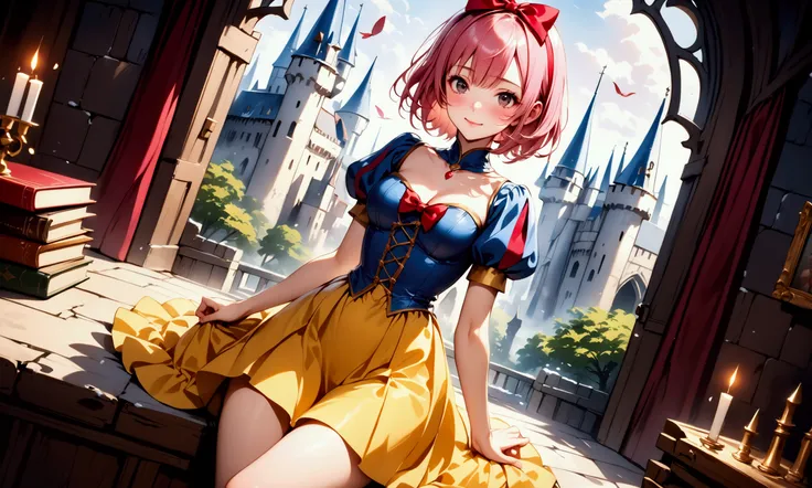 cowboy shot, (((evil smile))), (((Picture book illustrations))), Fantasy World, (Medieval European), (Characters are on the edge), ((spring)), ((snow white cosplay, snow white (disney) (cosplay), cosplay, dress, hair bow, puff and slash sleeves, puffy shor...