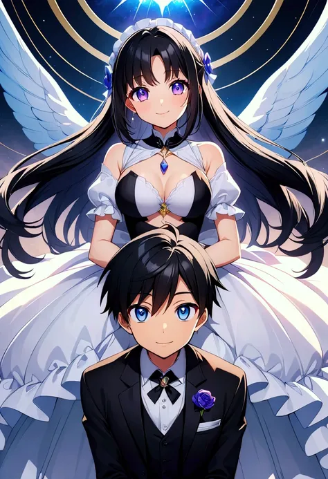 anime couple (Anime girl with long black hair and blue eyes Mystical version ) (Anime boy with short black hair and purple eyes Mystical version)