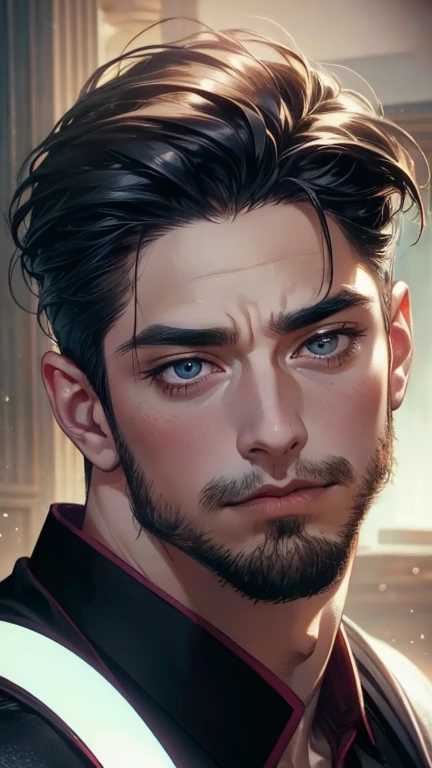 (     borrowed letter ,4K,8k,     highres,     masterpiece :1.2),     ultra-detailed    ,(realistic,photorealistic,photo-realistic:1.37),36-year-old man,3 day beard,Beautiful anime,Portraits,strong,Masculine,      with black hair  ,sharp jaw,         mesme...