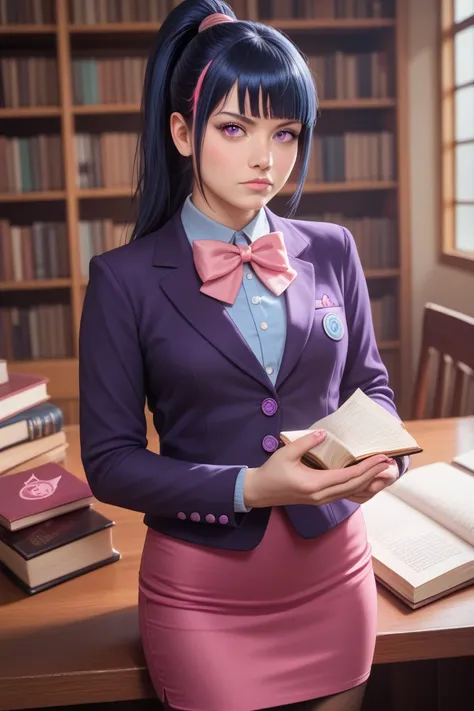 (masterpiece:1.2), (best quality:1.2), newest, intricate details, perfect anatomy, in the style of real life: 1.2, 1girl:1.3, (Eida (boruto), dark blue hair, pink streaks dyed, bangs, straight bangs, ponytail, sidelocks, serious expression: 1.5, ), ((, nic...