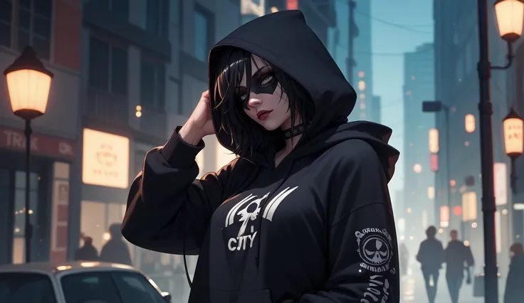 Sexy spider girl black noir wearing a hoodie leaning against a a street lamp in New York City 