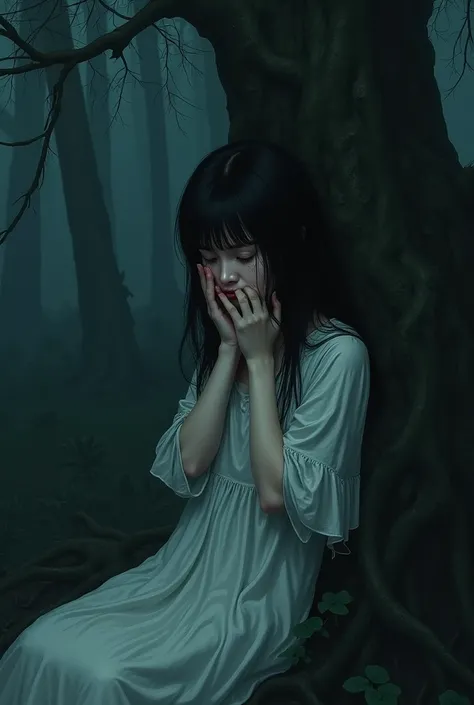 Leaning against a tree in the dark forest, in nightgown, crying girl with lowered gauze