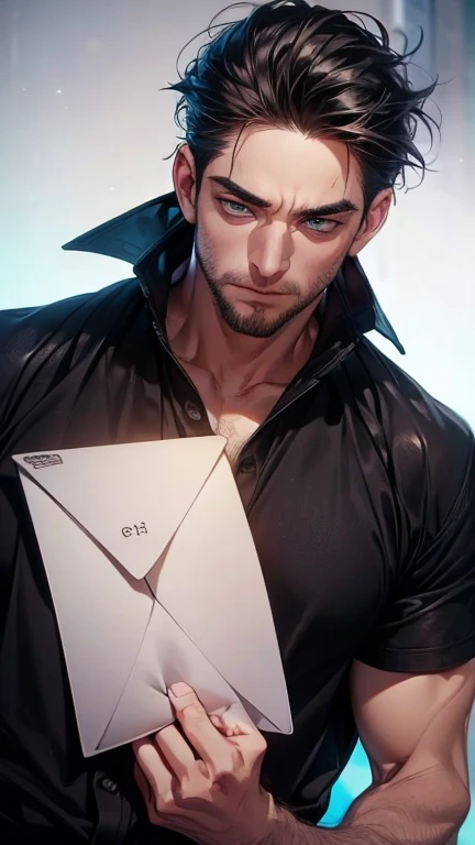 (     borrowed letter ,4K,8k,     highres,     masterpiece :1.2),     ultra-detailed    ,(realistic,photorealistic,photo-realistic:1.37),36-year-old man,3 day beard,Beautiful anime,Portraits,strong,Masculine,      with black hair  ,sharp jaw,         mesme...