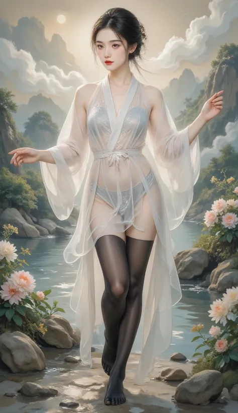 standing splits，chinese clothes，cloud ，makeup，red lips ，smoke ，waves，floating hair ，floral background  ，flower ，8k, masterpiece, best quality, Two-dimensional, (Chinese traditional ink painting:0.2), (perfect hands:1.4),black stockings，Wearing white light ...