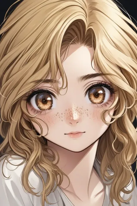 Blonde girl with dark circles, many dark circles and messy hair with dark circles and very freckled and caramel-colored eyes 