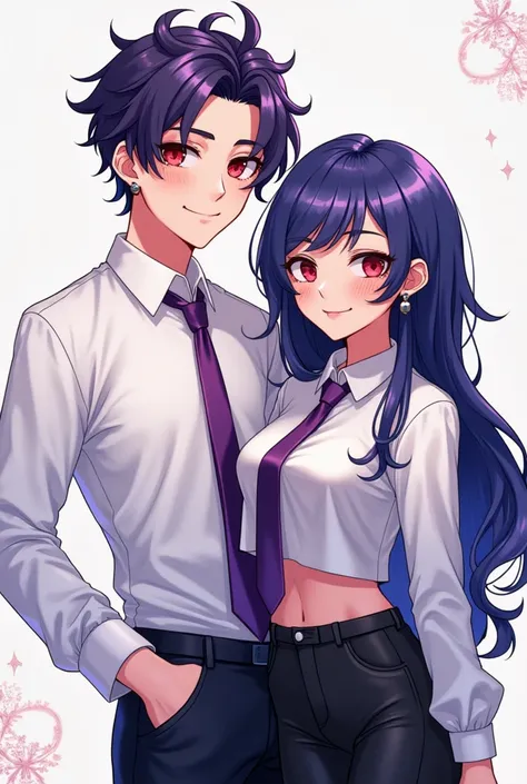  full body,  elegant clothing, smiling, smile,fun,Man and woman, anime-style,European Art , 25-year-old male, white skin,  fair skin  , dark red eyes,  purple hair, messy hair, wavy hair,  short hair, margaritas , dark eye earrings, white shirt purple tie,...