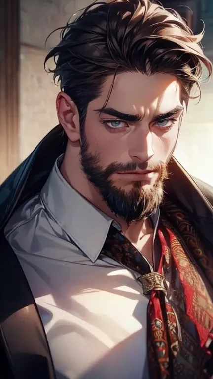 (  borrowed letter ,4K,8k,  highres,  masterpiece :1.2),  ultra-detailed ,(realistic,photorealistic,photo-realistic:1.37),36-year-old man,3 day beard,Beautiful anime,Portraits,strong,Masculine,  with dark hair  ,sharp jaw,   mesmerizing eyes   ,  perfectly...