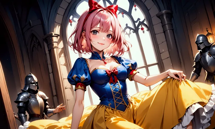 ((cowboy shot)), (in heat), (((evil smile))), (((Picture book illustrations))), Fantasy World, (Medieval European), (Characters are on the edge), ((spring)), ((snow white cosplay, snow white (disney) (cosplay), cosplay, dress, hair bow, puff and slash slee...