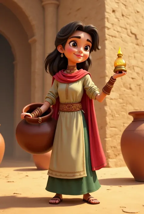 Part 6: Morgiana’s Cleverness

"Morgiana, a brave and intelligent servant girl, dressed in traditional clothing, holds a large pot. She secretly pours boiling oil into one of several giant clay jars lined up in Ali Baba’s courtyard, where hidden thieves ar...