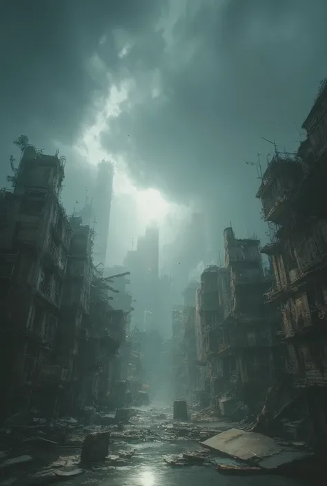 (( Masterpiece,  top quality,  Max Image Quality,  high resolution,  photorealistic,  RAW Photo ,  Highly Detailed CG Unified 8K Wallpaper )), Thick clouds open 、 light shines in the water ,  heralds the end of a catastrophic disaster, Abandoned City, The ...