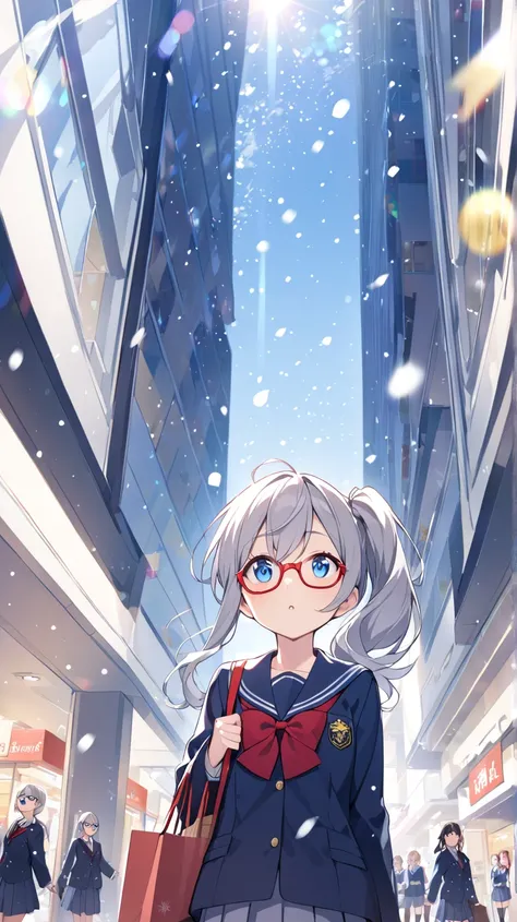  shopping mall、winter、 It's snowing、 1 girl,  blue eyes、Grey Hair、Red-rimmed glasses、 side ponytail 、How hair flutters in the wind、 school uniform 、Looking up、 wide angle shot、 widescreen、 background blur,  lens flare, 