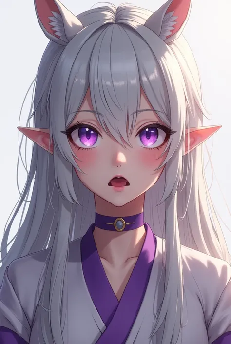 Create a Asian, pale skin, silver blonde, haired beauty and eyes in a  shade of purple, Long Hair, Pointy Ears, Open mouth, Fang,  Looking at viewer, Purple Eyes, Best Quality, Simple background, NO BACKLIGHT