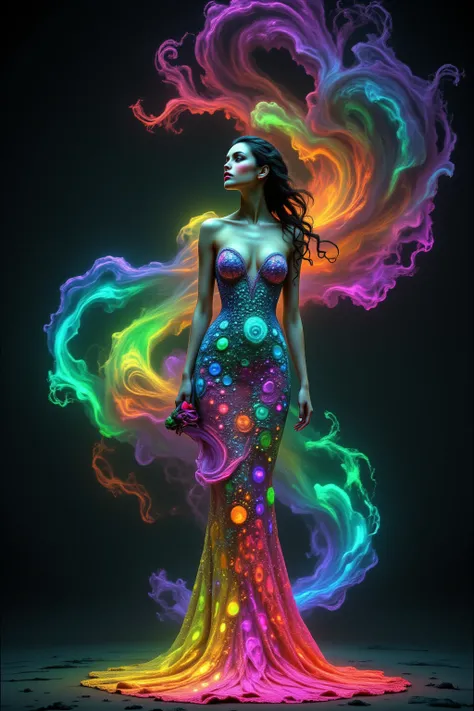 Take this image and multiply the number of swirl lines around the girl, while infusing lots of vibrant neon bioluminescent colors in the swirls as well. Make her mermaid gown highly reflective, mirror like, so all the light hits it, and reverberates it int...