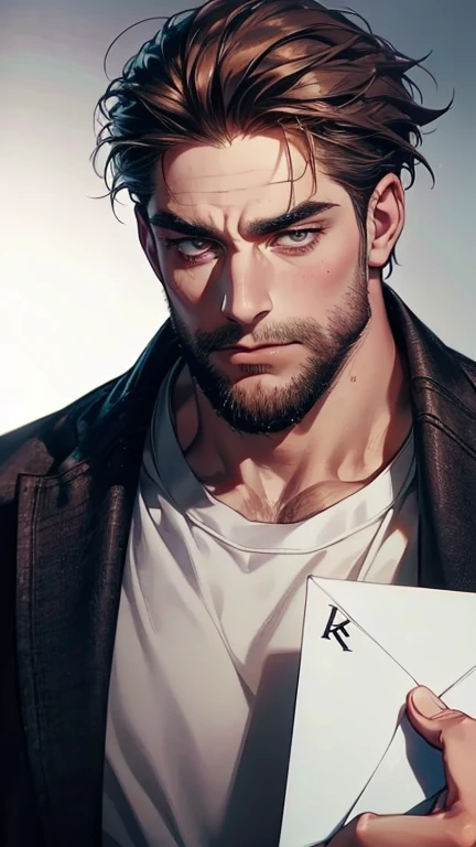 (  borrowed letter ,4K,8k,  highres,  masterpiece :1.2),  ultra-detailed ,(realistic,photorealistic,photo-realistic:1.37),36-year-old man,3 day beard,Beautiful anime,Portraits,strong,Masculine,  with dark hair  ,sharp jaw,   mesmerizing eyes   ,  perfectly...