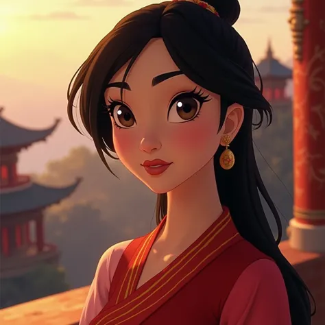 A disney princess Mulan, beautiful detailed eyes, beautiful detailed lips, extremely detailed face and portrait, long eyelashes, india dress , red colour saree , fantasy landscape, ancient indian architecture, dynamic action pose, cinematic lighting, vibra...