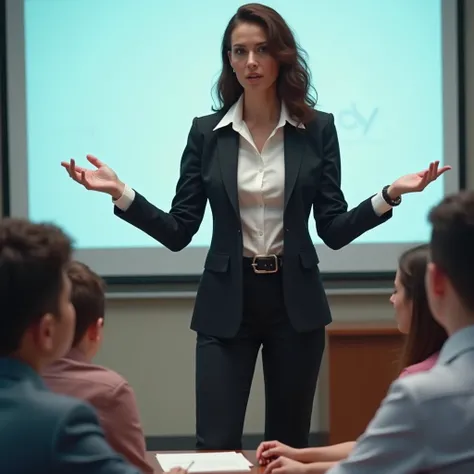 A beautiful business woman teacher is Teaching the dangers of the internet , wearing suit, open jacket, unbuttoned suit, skintight office formal shirt tucked in skintight pants and black buckle belt , looking at camera 
