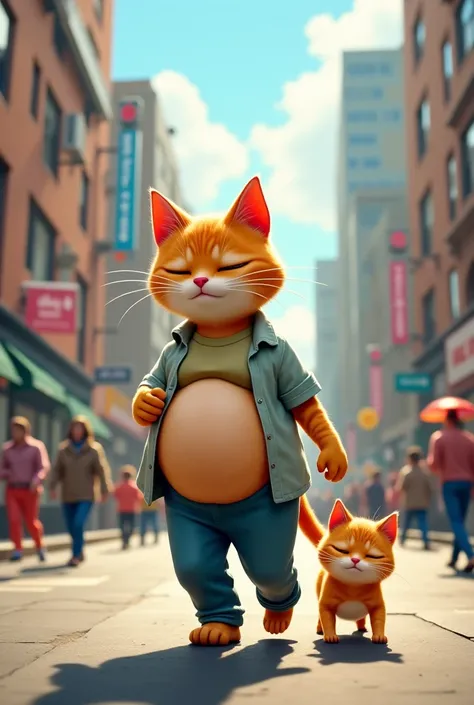 A pregnant cat in shirt and pants and his son walking on city and suddenly pregnant cat fall asleep 