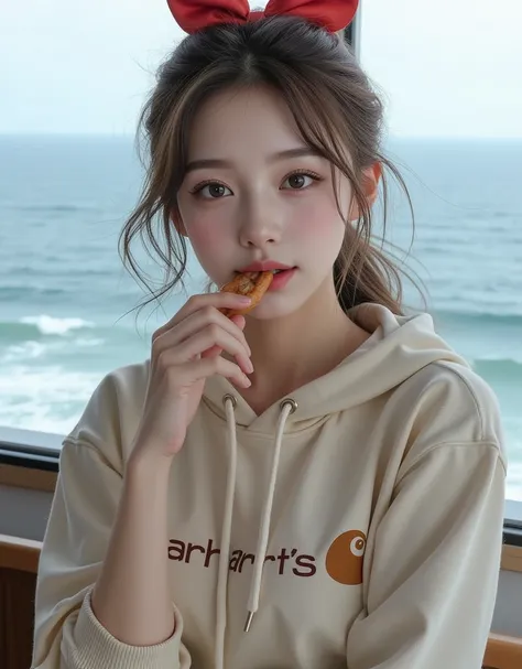 ( A picture of a beautiful Korean beauty with dark hair eating sausages while watching the ocean:1.3)(Grinning,smile:1.1)(Looks dazzling:1.1)(16k,  RAW photos ,  top quality,  Masterpiece: 1.2),( Glossy greige hair tousled and unkempt due to strong winds )...