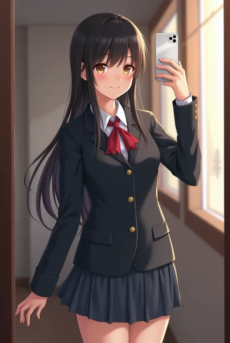  Japanese High School Girls、 is present、18 years old、 is as realistic as in the picture、 high image quality、In uniform、 skirt、I'm wearing a long-sleeved blazer、Taking a selfie through a mirror 、 beauty、 face small、8k、 are smiling slightly、 full body 、 blac...