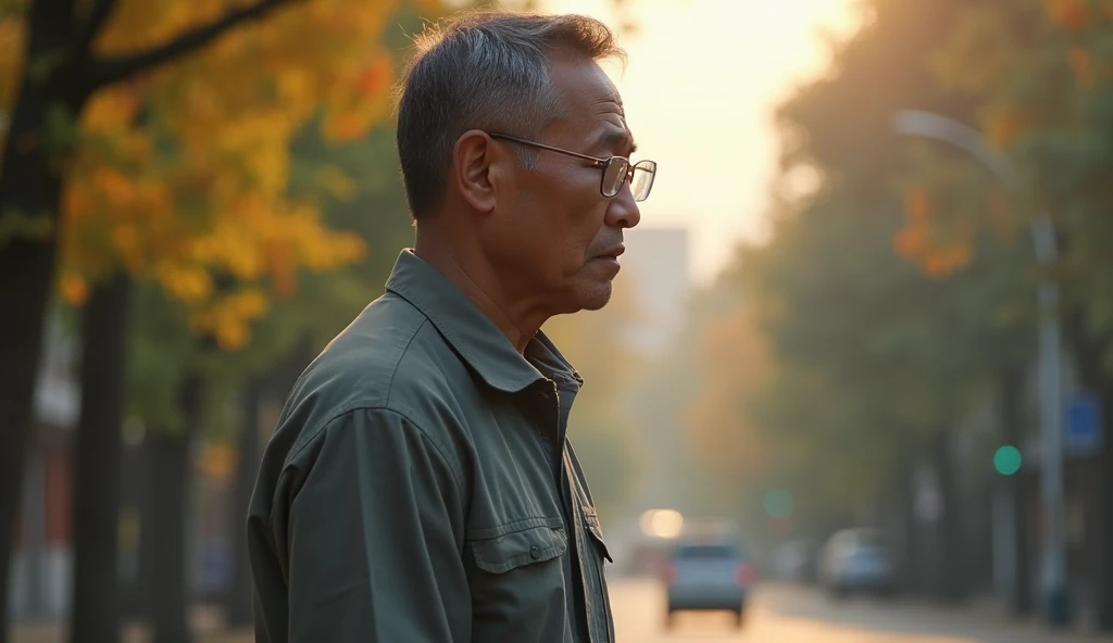 an Indonesian man aged 30, wearing work clothes, preparing to go to work, side view, full body view, side view, a middle-aged man as his father, morning atmosphere, natural light, realistic photography, wide angle shot, detailed facial features, intricate ...