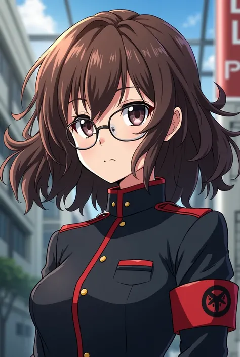 A female character in the Tokyo Revengers anime drawing style.  a brown-haired girl, wavy shoulder length, with thin frame lenses, And in the uniform of the Tokyo Manji Gang.