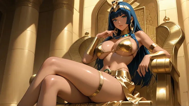 beautiful sexy hot woman, wearing a gold bikini, sitting on the king's chair, with an Egyptian skirt, Egyptian theme