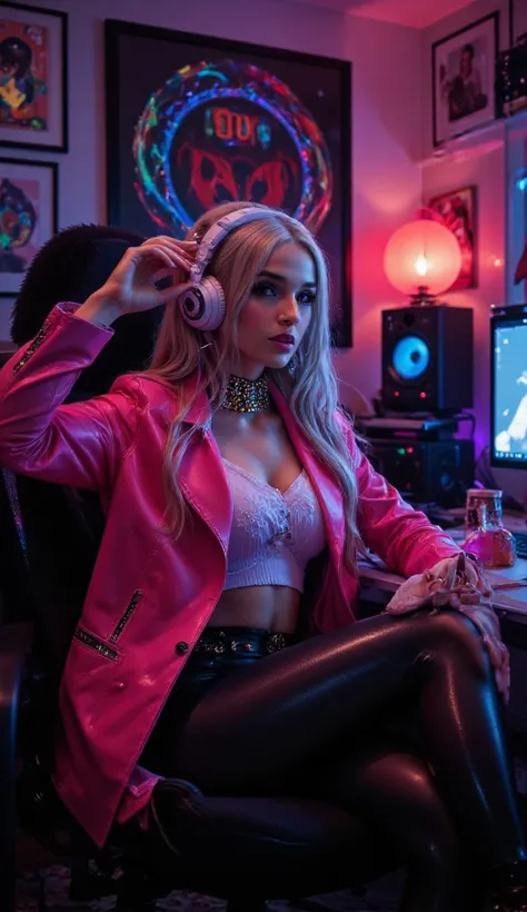 arafed girl, she is a game streamer, her room is full of rgb neon lights that enlights the place, furniture related to the gaming world and, she is sitting on her desktop that features an amazing PC Gamer with a giant led screen, she is wearing a pink leat...