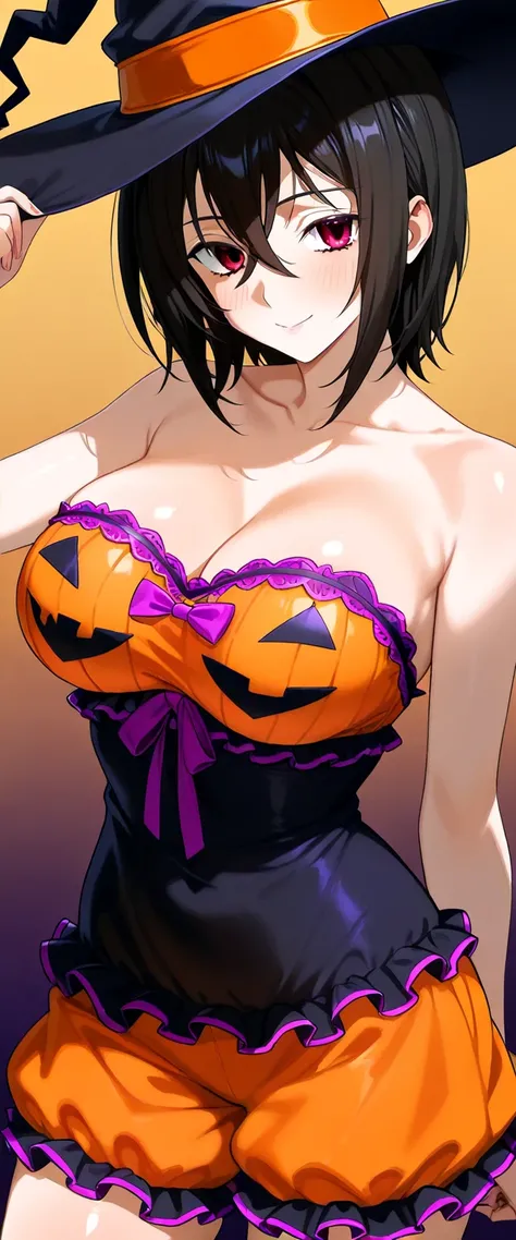 mikasa ackerman  , dxd, Halloween colorful strapless sleepwear, very sexy and very short to the hips with bare shoulders with a neckline that shows her big breasts and a giant Halloween hat, Smiles, flirty.