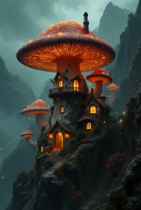 (photorealism:1.2), ((best quality)), ((masterpiece)), (detailed),A remote village, far up on a gloomy mountain. The countless houses there are giant mushrooms that glow at the top. On the mushroom stem there is a balcony. On the other side of the mushroom...