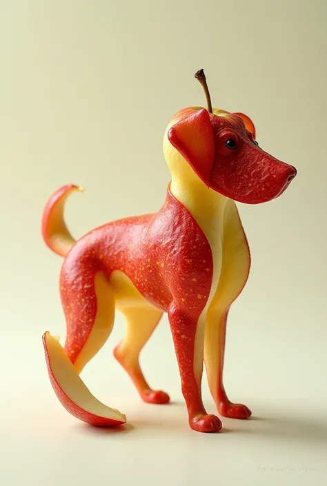 ช่วยสร้างภาพAmazing peeled apple, forming a dog with apple pulp and peel, curves and extends flexible body, dynamic movements 