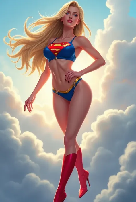 High resolution image style animation DC comics Kara zorel Supergirl sexy, blue Supergirl symbol bra,totally naked, white skin, blonde hair, no panties, flying gently in the clouds,red high heel boot,